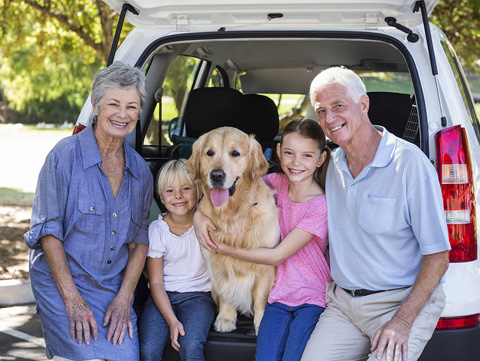 Grandparents, grandchildren and dog at back of vehicle