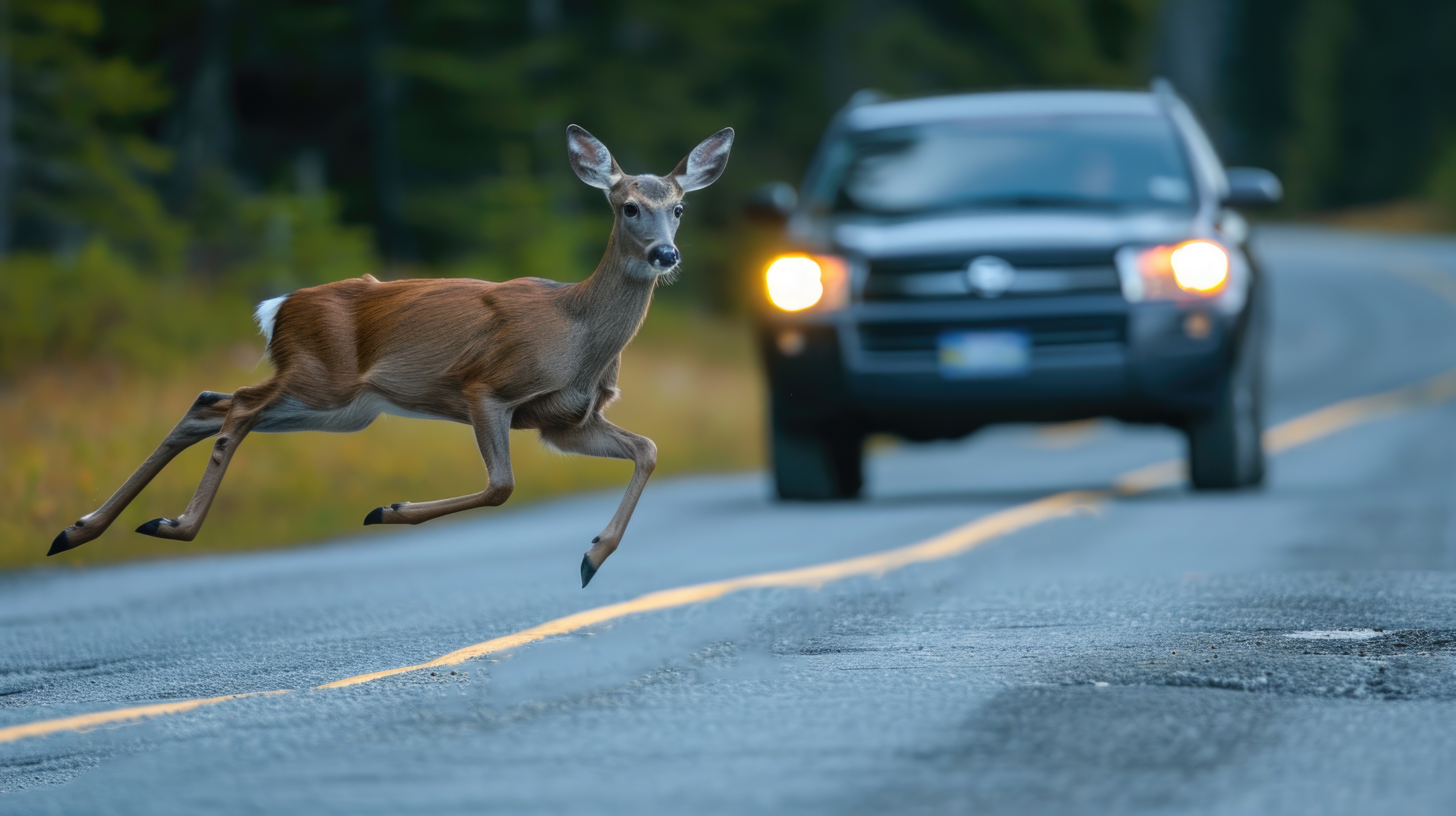 Deer running in front of car