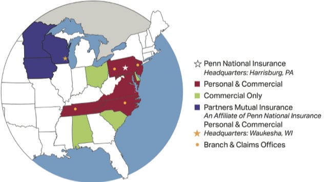 Map of States Where Penn National Insurance Writes