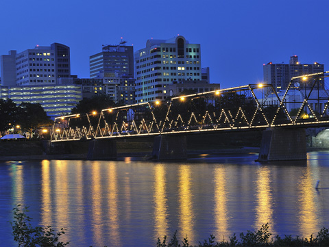 View of Harrisburg, Pa. skyline at night from City Island